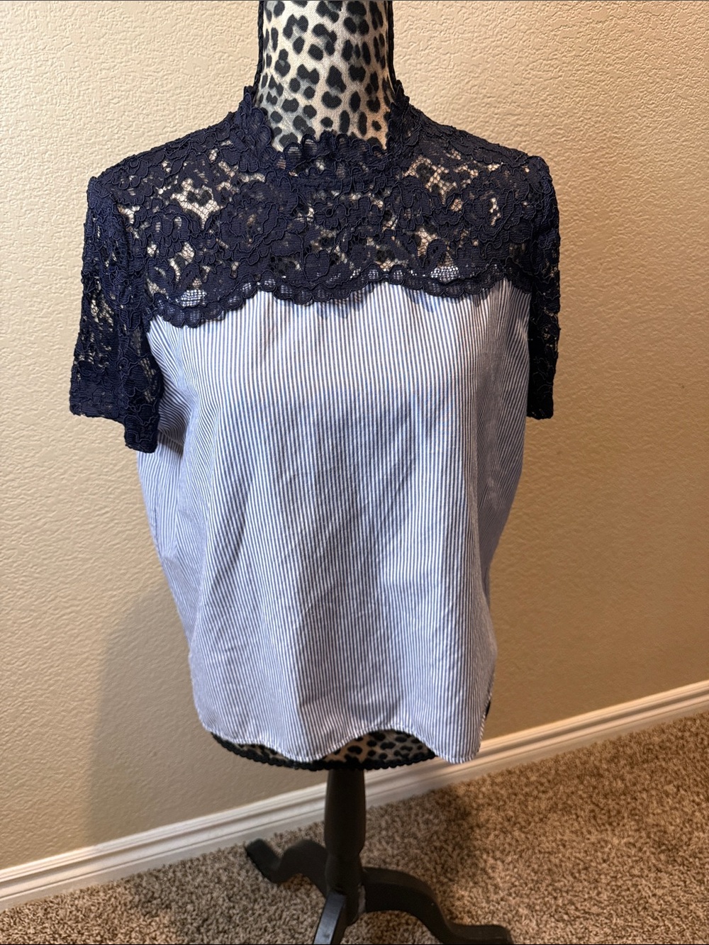 Zara Navy Lace Yoke Striped Short Sleeve Blouse